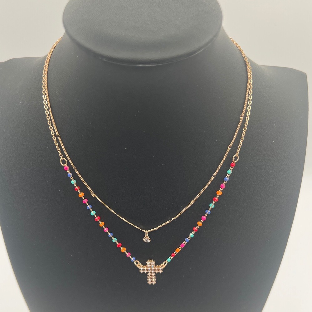 Jeune Colette Rose Gold Tone Layered Cross Necklace Multi Color Beads NWT
